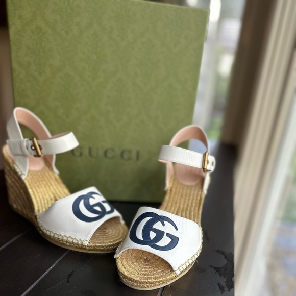 Gucci Shoes - Gucci Flor Blue and white wedge sandals